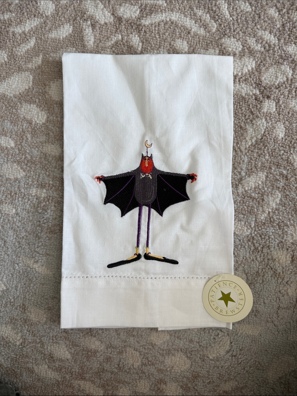 Patience Brewster x Mackenzie Childs White Embroidered Bat Tea Towel
